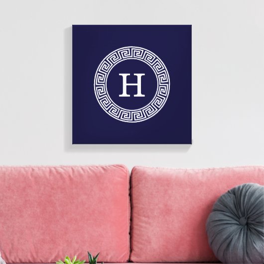 Marineblauw Wht Grieks Sleutel RND Lijst Initiaal  Canvas Afdruk (Insitu (Woonkamer))