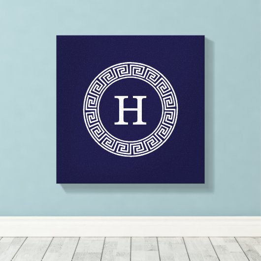 Marineblauw Wht Grieks Sleutel RND Lijst Initiaal  Canvas Afdruk (Insitu (Houten vloer))