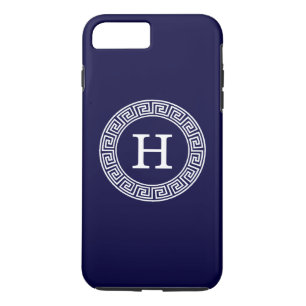 Marineblauw Wht Grieks Sleutel RND Lijst Initiaal iPhone 8 Plus / 7 Plus Hoesje