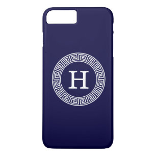 Marineblauw Wht Grieks Sleutel RND Lijst Initiaal iPhone 8 Plus / 7 Plus Hoesje