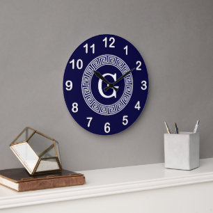 Marineblauw Wht Grieks Sleutel RND Lijst Initiaal Grote Klok