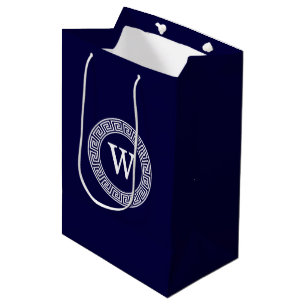 Marineblauw Wht Grieks Sleutel RND Lijst Initiaal Medium Cadeauzakje
