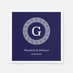 Marineblauw Wht Grieks Sleutel RND Lijst Initiaal Servet