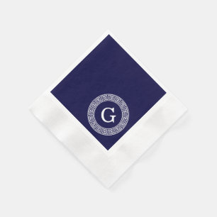 Marineblauw Wht Grieks Sleutel RND Lijst Initiaal  Servetten