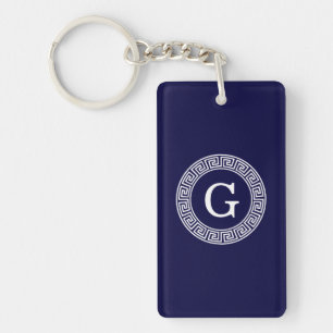 Marineblauw Wht Grieks Sleutel RND Lijst Initiaal Sleutelhanger