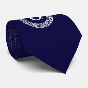 Marineblauw Wht Grieks Sleutel RND Lijst Initiaal Stropdas