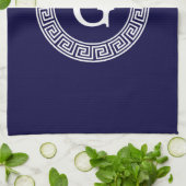 Marineblauw Wht Grieks Sleutel RND Lijst Initiaal  Theedoek (Gevouwen)
