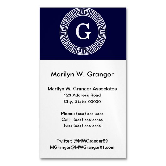 Marineblauw Wht Grieks Sleutel RND Lijst Initiaal Visitekaartje Magneet (Voorkant Verticaal)