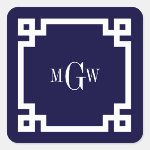 Marineblauw Wht Griekse Sleutel #2 Omlijst 3 Init Vierkante Sticker