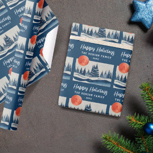 Marineblauw Winterlandschap Bos Maan Tekening Cadeaupapier