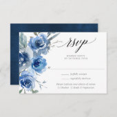 Marineblauw wit bloemenbruiloft waterverf RSVP Informatiekaartje (Voorkant / Achterkant)