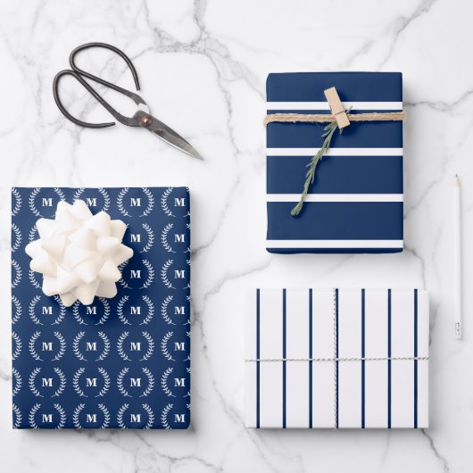 Marineblauw Wit Dunne Strepen Initiaal Monogram Inpakpapier Vel (Voorkant)