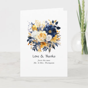 Marineblauw, Wit, en Gouden Bloemen Bruiloft Bedankkaart