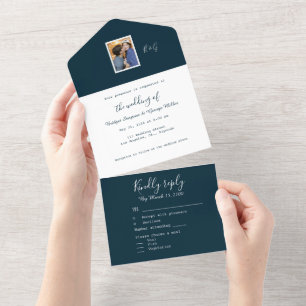 marineblauw wit kustpaar foto monogram all in one uitnodiging