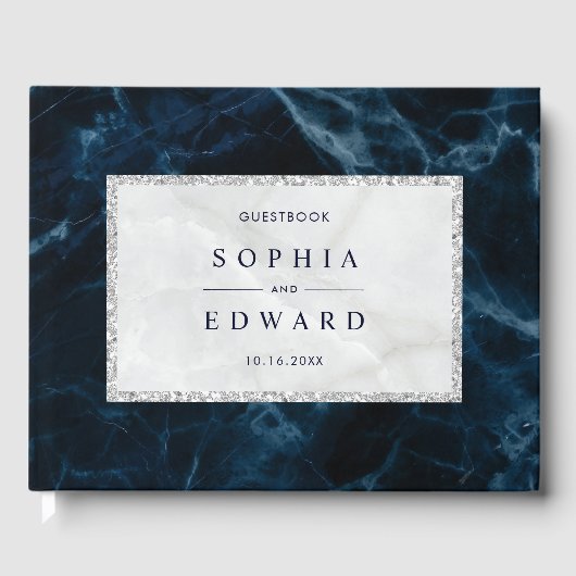 Marineblauw Wit Marmer Bruiloft Gastenboek (Voorkant)