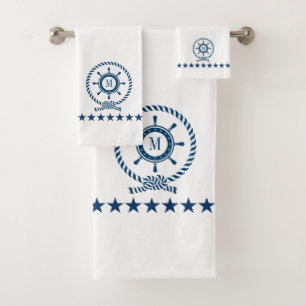 Marineblauw Wit Nautisch Boot Wiel Knoop Monogram Bad Handdoek