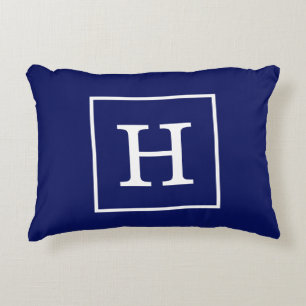 Marineblauw Wit Omlijst Initiaal Monogram Decoratief Kussen