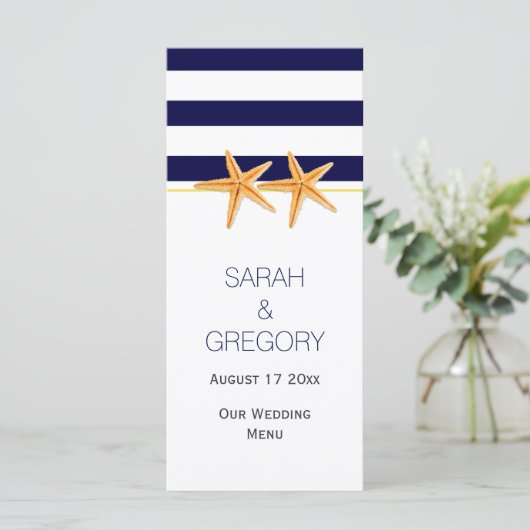Marineblauw wit streepjes zeesterren bruiloft menu (Staand voorkant)