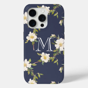 Marineblauw Witte Bloem Monogram iPhone 15 Pro Case