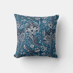 Marineblauw & Witte Bloemige Paisley Boheemse Boho Kussen