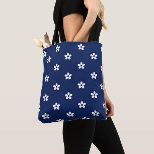 Marineblauw & Witte Bloemmotief Draagtas