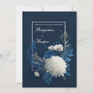 Marineblauw Witte Chrysanthemum Bloemige Bruiloft Kaart