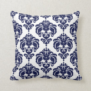 Marineblauw & Witte Damast Moderne Elegante Patroo Kussen