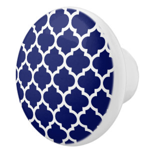 Marineblauw Witte Marokkaanse Quatrefoil Patroon # Keramische Knop