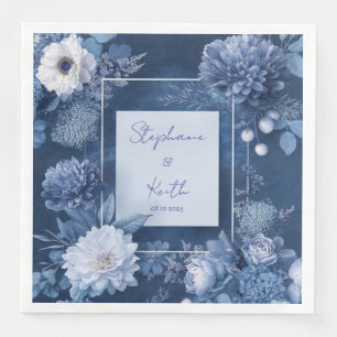 Marineblauw Witte Monochrome Bloemrijke Winterhuwe Servet