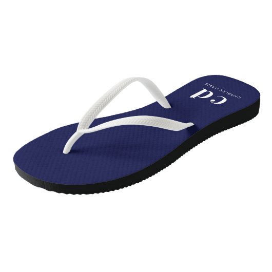 Marineblauw witte monogram initiaal naam teenslippers (Schuin)
