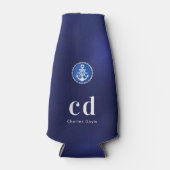 Marineblauw witte nautische monogram beginletters flesjeskoeler (Voorkant)