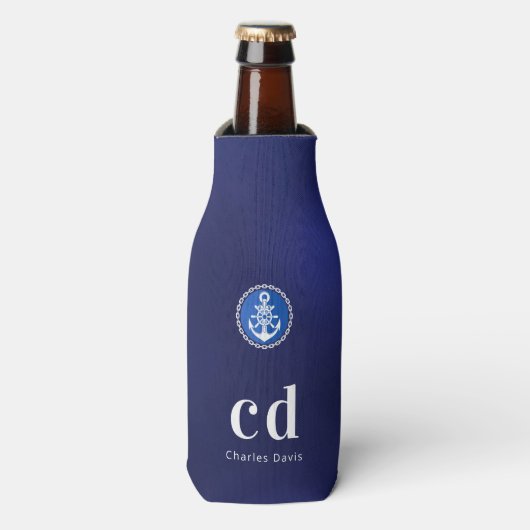 Marineblauw witte nautische monogram beginletters flesjeskoeler (Fles Voorkant)