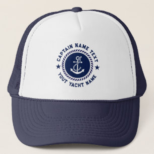 Marineblauw Witte Scheepsanker Kapiteinsnaam Trucker Pet