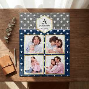 Marineblauw Witte Sterren Patroon Familie Fotocoll Legpuzzel