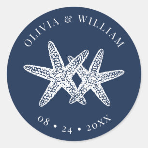 Marineblauw zeesterren strand kust bruiloft ronde sticker