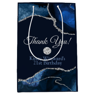 Marineblauw Zilver Glitter Agate Verjaardag Bedank Medium Cadeauzakje