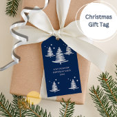 Marineblauw zilver minimalistische kerstbomen cadeaulabel