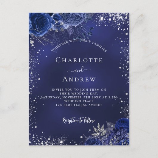 Marineblauw zilver sparkles bloemenbruiloft uitnodiging briefkaart (Voorkant)