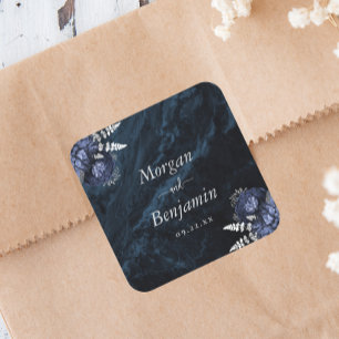 Marineblauw Zilveren Bloemen Bruiloft Vierkante Sticker