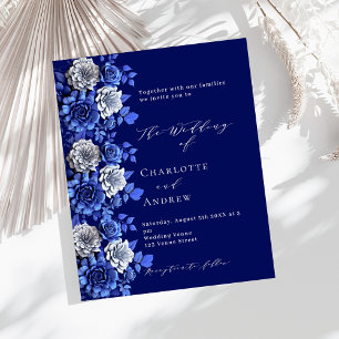 Marineblauw zilveren bloemen budget bruiloft uitno flyer