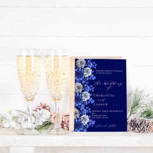 Marineblauw zilveren bloemen script bruiloft kaart