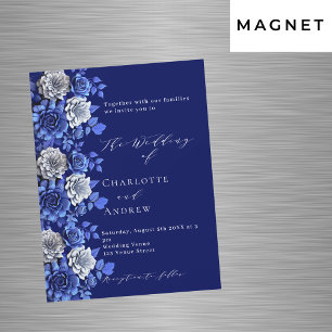 Marineblauw zilveren bloemen script luxe bruiloft magnetische uitnodiging