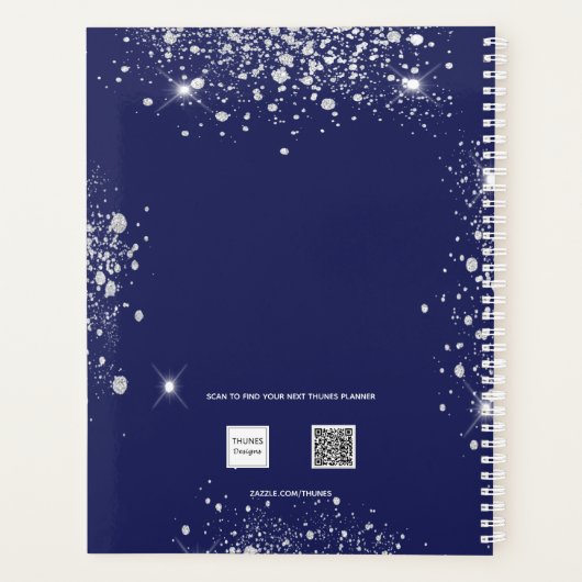 Marineblauw zilveren glitter monogram script planner (Achterkant)