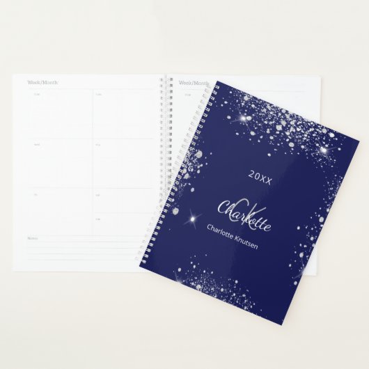 Marineblauw zilveren glitter monogram script planner (Display)