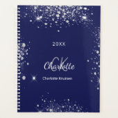 Marineblauw zilveren glitter monogram script planner (Voorkant)