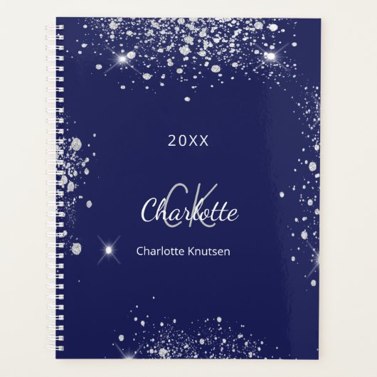 Marineblauw zilveren glitter monogram script planner (Voorkant)