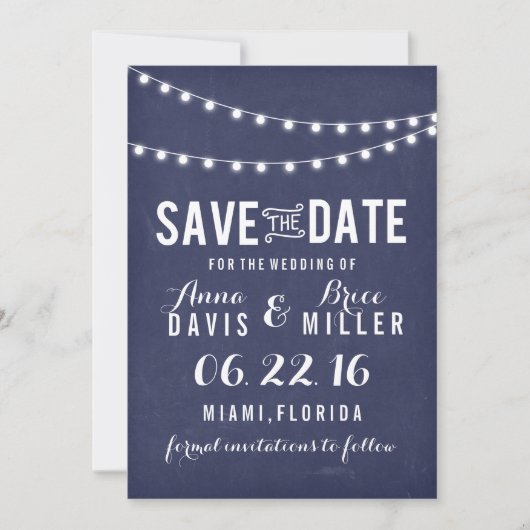 Marineblauw zomer string licht Save the Date (Voorkant)