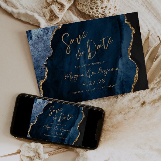 Marineblauwe Agate Schrift Trouw Save the Date