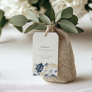 Marineblauwe Art Nouveau-cadeautag met bloemmotief Cadeaulabel