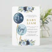 Marineblauwe ballon baby shower jongensuitnodiging kaart (Staand voorkant)